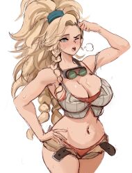 Rule 34 | 1girl, asymmetrical hair, belt, blonde hair, blue eyes, blush, braid, breasts, cleavage, crop top, cropped jacket, freckles, gemma (monster hunter wilds), goggles, goggles around neck, highres, jacket, large breasts, leather belt, long hair, looking at viewer, midriff, monster hunter (series), monster hunter wilds, multiple braids, navel, one eye closed, open clothes, ponytail, rakeemspoon, smile, solo, sweat