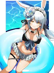 Rule 34 | 1girl, :3, animal ears, bikini, bikini skirt, black bikini, breasts, detached collar, flower, frilled bikini, frills, from above, hair flower, hair ornament, hair ribbon, highres, hololive, holonatsu paradise, innertube, long hair, looking at viewer, maid, maid bikini, maid headdress, mattsu mt, medium breasts, musical note, navel, official alternate costume, orange eyes, outdoors, rabbit ears, rabbit girl, ribbon, smile, solo, spoken musical note, swim ring, swimsuit, thick eyebrows, thigh strap, twintails, unconventional maid, usada pekora, usada pekora (holonatsu paradise), virtual youtuber, white hair, yellow eyes