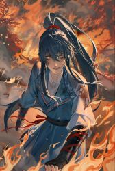 1girl absurdres black_hair chinese_clothes clenched_teeth cowboy_shot fire high_ponytail highres houraisan_chouko looking_at_viewer path_to_nowhere ponytail rahu_(path_to_nowhere) solo standing teeth