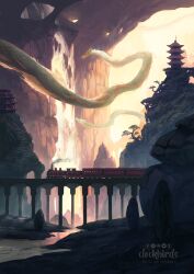architecture artist_name blue_scales bonsai bridge building clockbirds dragon east_asian_architecture eastern_dragon fantasy flying highres mountain no_humans original outdoors photoshop_(medium) scenery sky smoke stream sunlight train tree water waterfall watermark yellow_sky