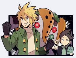 2boys ahoge black_gloves black_hair blonde_hair buttons clenched_hands coat commentary_request creatures_(company) finger_in_ear game_freak gen_4_pokemon gloves green_coat green_eyes green_hair green_neckwear grin hair_between_eyes half-closed_eyes holding jaho legendary_pokemon male_focus multicolored_hair multiple_boys necktie nintendo palmer_(pokemon) pokemon pokemon_(creature) pokemon_dppt pokemon_platinum red_eyes regigigas short_hair smile spiked_hair sweater teeth thorton_(pokemon) two-tone_hair white_sweater