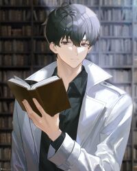Rule 34 | 1boy, ahoge, black eyes, black hair, black shirt, book, bookshelf, coat, collared shirt, hair between eyes, hand up, highres, holding, holding book, kim dokja, library, light smile, looking at viewer, male focus, omniscient reader&#039;s viewpoint, open book, popped collar, shirt, short hair, solo, upper body, white coat, yjh ism