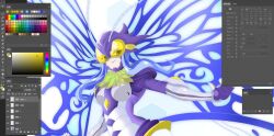 1girl antenna armor armored_gloves armored_leotard blue_eyes breasts bug butterfly butterfly_wings digimon digimon_(creature) digimon_story:_cyber_sleuth digimon_story:_cyber_sleuth_hacker&#039;s_memory female_focus gloves headgear helmet highres hudiemon insect insect_wings leotard medium_breasts ph6xeivbgpimggg shoulder_armor skirt solo solo_focus thick_thighs thighhighs thighs tinted_eyewear white_background wings yellow-tinted_eyewear
