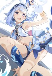 Rule 34 | 1girl, :d, bare legs, bare shoulders, blue hair, blue hairband, braid, genshin impact, hairband, haru same322, highres, long hair, looking at viewer, midriff, mualani (genshin impact), open mouth, purple eyes, smile, solo, thighs, unfinished