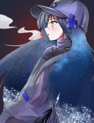 1girl alternate_costume baseball_cap blue_hair blush cigarette closed_mouth e20_(79324944) flower girls&#039;_frontline green_eyes grey_jacket hair_flower hair_ornament hat highres hk416_(girls&#039;_frontline) jacket long_hair long_sleeves looking_up mouth_hold night simple_background smoking solo tattoo teardrop_facial_mark teardrop_tattoo upper_body