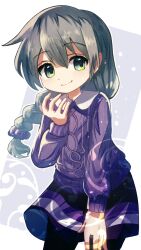 1girl black_pantyhose braid braided_ponytail green_eyes green_hair hidamari_sketch highres long_hair looking_at_viewer miniskirt natsume_(hidamari_sketch) pantyhose plusplushm purple_skirt purple_sweater skirt solo sweater
