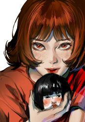 1girl black_hair bob_cut brown_eyes brown_hair chinese_commentary closed_mouth commentary_request doll elicooc eyelashes freckles highres holding kon_satoshi_(director) lipstick looking_at_viewer makeup nose paprika paprika_(character) red_lips red_shirt shirt short_hair short_sleeves simple_background solo t-shirt upper_body white_background