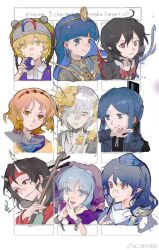 2boys 3others 4girls :t ahoge androgynous arrow_(symbol) black_hair black_shirt blonde_hair blue_dress blue_eyes blue_fire blue_hair blue_hat blue_jacket blue_wings blunt_bangs bow bowtie brown-framed_eyewear brown_shirt buttons candle_on_head character_request chewing closed_mouth collarbone collared_shirt copyright_request corallo corruption cuffs demon_horns dress earrings eating eggplant expressionless fake_horns fire food frilled_shirt frills goggles goggles_on_headwear gold_earrings grey_eyes grey_helmet grey_jacket hair_between_eyes hair_over_one_eye hair_rollers hairband haori happy hat headband headscarf helmet highres holding holding_food holding_instrument holding_vegetable hood hood_down hooded_jacket hoop_earrings horns houjuu_nue iizunamaru_megumu instrument jacket japanese_clothes jewelry kimono len&#039;en long_hair looking_at_viewer magnet marking_on_cheek medium_hair michigami_nareko mouth_guard multiple_boys multiple_drawing_challenge multiple_girls multiple_others object_to_mouth open_clothes open_jacket orange_hair orange_hairband orange_kimono outside_border overalls own_hands_together parted_bangs parted_lips pink_bow pointy_ears purple_dress purple_headscarf purple_overalls purple_scarf red_bow red_bowtie red_headband ribbon-trimmed_headwear ribbon_trim round_eyewear scarf shackles shirt shirt_under_dress short_hair sidelocks smile taira_no_chouki tokin_hat touhou traditional_bowtie umatachi_tsugumi upper_body vegetable watermark weapon weapon_on_back weibo_watermark white_background white_horns white_kimono white_scarf white_shirt wings wiping_mouth yellow_eyes yellow_hairband zipper zuifeng_tenkai