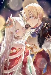 Rule 34 | 1boy, 1girl, absurdres, blonde hair, blue eyes, cape, closed mouth, dated commentary, dimitri alexandre blaiddyd, dimitri alexandre blaiddyd (blessed protector), dress, edelgard von hresvelg, edelgard von hresvelg (snowfall future), fake horns, fire emblem, fire emblem: three houses, fire emblem heroes, fur trim, gloves, hair ornament, highres, holly hair ornament, horns, long hair, nintendo, official alternate costume, pink eyes, red cape, red dress, short hair, smile, snowing, soma otakuu, white hair