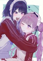 1boy 1girl blush border brother_and_sister drooling green_background heart hetero highres incest long_sleeves matching_hair/eyes matching_outfits open_mouth pink_eyes pink_hair purple_hair siblings simple_background teeth the_hundred_line_-last_defense_academy- tsukumo_ima tsukumo_kako twincest twins upper_teeth_only white_border