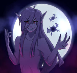 Rule 34 | anime coloring, blue background, capcom, demon, elf, fantasy, full moon, glowing, lavleyart, long hair, magic, moon, night, night sky, nintendo, non-web source, nude, pointy ears, purple hair, purple light, sky, the legend of zelda, the legend of zelda: the minish cap, vaati, wizard
