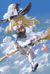 1girl absurdres apron black_dress black_hat black_shoes blonde_hair bow braid broom broom_riding cloud dress hair_between_eyes hat hat_bow highres kirisame_marisa kkkaneko_1360685303 long_hair looking_at_viewer orange_eyes red_bow shoes short_sleeves sidelocks single_braid socks solo touhou white_apron white_bow white_socks witch witch_hat