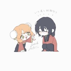 1boy 1girl :3 black_dress bun_cover double_bun dress freckles hair_bun holding ishmael_(project_moon) limbus_company open_mouth orange_hair project_moon red_shrug satome_setsuko short_hair sidelocks simple_background smile translation_request white_background worm yi_sang_(project_moon)