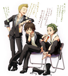 Rule 34 | 10s, 3boys, ahoge, amagase touma, blonde hair, brown eyes, brown hair, drink, formal clothes, green eyes, green hair, idol, idolmaster, idolmaster 2, ijuuin hokuto, jupiter (idolmaster), male focus, mitarai shouta, multiple boys, namco, sitting, smile, translation request, yachiwo