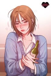 Rule 34 | 1girl, bad thinking diary, blue shirt, blush, brown eyes, brown hair, closed mouth, kim minji (bad thinking diary), long hair, shirt, sitting, solo, white shirt