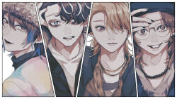 Rule 34 | 4boys, adam&#039;s apple, aegyo sal, akune rindo, animal print, arima seigen, asymmetrical bangs, asymmetrical hair, bags under eyes, bead necklace, beads, beret, black hair, black nails, blonde hair, blue eyes, blue hair, brown eyes, brown hair, clenched teeth, collared shirt, colored eyelashes, desperado-004, earrings, expressionless, eyebrow stubble, from behind, fur hat, gold necklace, grin, hair between eyes, hair over one eye, hand on own face, hand on own head, hat, highres, hood, hoodie, hoop earrings, hypnosis mic, hypnosis mic: rule the stage, inset border, ivinch u, jewelry, jikuuin joubu, layered shirt, light frown, long sleeves, looking at viewer, looking back, looking down, male focus, medium hair, mismatched eyebrows, mullet, multicolored hair, multiple boys, muted color, necklace, open mouth, pale skin, parted bangs, portrait, raised inner eyebrows, ring, round eyewear, shirt, short hair, simple background, smile, straight-on, streaked hair, stud earrings, teeth, tie-dye, turtleneck, wavy hair, wavy mouth, white background, white hoodie, yagasaki ibuki