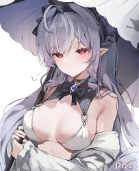 Rule 34 | 1girl, absurdres, alternate costume, bikini, breasts, closed mouth, commentary, dolechan, dot mouth, dot nose, highres, jacket, long hair, looking at viewer, medium breasts, mole, mole under eye, multicolored hair, off shoulder, parasol, puff of air, purple hair, red eyes, simple background, solo, streaked hair, swimsuit, symbol-only commentary, umbrella, upper body, vivian banshee, white background, white bikini, white hair, white jacket, white umbrella, zenless zone zero