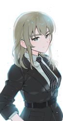 1girl absurdres black_jacket black_necktie closed_mouth collared_shirt commentary_request girls_band_cry grey_eyes grey_hair habsida_(habsida_hpy) highres jacket kawaragi_momoka korean_commentary long_hair long_sleeves looking_at_viewer multicolored_hair necktie roots_(hair) shirt simple_background solo white_background white_shirt