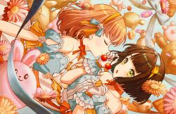Rule 34 | 2girls, bare shoulders, blue background, blue bow, blue dress, blue ribbon, blush, bow, bow choker, bow hairband, breasts, celebration! (love live!), cerise bouquet, cherry, choker, closed eyes, closed mouth, collarbone, daisy (flower), detached sleeves, dress, flower, food, frilled gloves, frills, fruit, game cg, gloves, hairband, hands up, highres, hinoshita kaho, holding, holding cherry, holding food, holding fruit, link! like! love live!, looking at another, love live!, medium breasts, momose ginko, multiple girls, non-web source, official alternate costume, official art, open mouth, orange bow, orange choker, orange flower, orange hairband, pink flower, profile, puffy short sleeves, puffy sleeves, red panda, ribbon, short sleeves, smile, strapless, strapless dress, stuffed animal, stuffed fox, stuffed rabbit, stuffed toy, stuffed turtle, virtual youtuber, white gloves