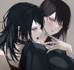 Rule 34 | 2girls, bang dream!, bang dream! it&#039;s mygo!!!!!, bite mark, bite mark on neck, black choker, black hair, black shirt, blackfangs, blood, blue eyes, blush, camisole, choker, closed mouth, commentary request, fangs, film grain, grey background, long hair, mole, mole under eye, multiple girls, open mouth, purple eyes, red camisole, shiina taki, shirt, tongue, tongue out, vampire, yahata umiri, yuri