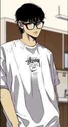 1boy black_hair closed_mouth glasses grey_eyes highres jo_ja-hyun kitchen long_hair mullet serious shirt solo white_shirt wind_breaker