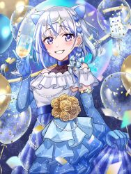 1girl :d animal_ears balloon blue_bow blue_gloves blue_hair blue_theme blurry blush bow braid colored_inner_hair commentary_request confetti constellation constellation_print cup depth_of_field dress dress_flower drink elbow_gloves flower glass gloves grey_hair grin hair_bow hair_ornament hairclip highres holding holding_cup iriam looking_at_viewer miria_(iriam) multicolored_hair open_mouth purple_eyes rose shirasu_(iriam) smile solo streaked_hair teeth toonoki yellow_flower yellow_rose