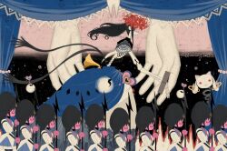 Rule 34 | absurdres, anthony (madoka magica), black hair, curtains, disembodied hand, dress, familiar (madoka magica), flower, highres, holding, holding weapon, homulilly, kaname madoka, kyubey, lotte (madoka magica), mahou shoujo madoka magica, mahou shoujo madoka magica: hangyaku no monogatari, mahou shoujo madoka magica (anime), oktavia von seckendorff, phonograph, puffy dress, relanoy, signature, skeleton, soldier, spider lily, stocks, surreal, tooth, ultimate madoka, veil, weapon, witch&#039;s labyrinth, witch (madoka magica)