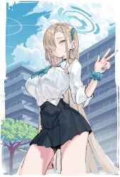 1girl absurdres apartment asuna_(blue_archive) asuna_(school_uniform)_(blue_archive) asymmetrical_bangs balcony black_choker blonde_hair blue_archive blue_bow blue_bowtie blue_eyes blue_halo blue_nails blue_ribbon blue_scrunchie bow bowtie breasts building choker fingernails hair_over_one_eye halo highres large_breasts long_fingernails long_hair loose_bowtie mole mole_on_breast outdoors ribbon scarlet23i0 scenery school_uniform scrunchie shirt skirt sky smile tree v white_shirt wrist_scrunchie