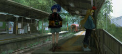 2girls absurdres aikatsu! aikatsu!_(series) black_pants black_shirt blonde_hair blue_hair camera hairband hairo_(r228n) highres holding holding_camera hoshimiya_ichigo kiriya_aoi looking_afar multiple_girls outdoors pants power_lines railroad_tracks red_hairband scenery shirt shoes shorts sign train train_station wide_shot