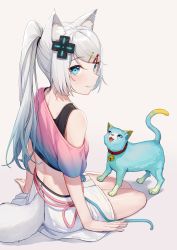 1girl animal animal_ear_fluff animal_ears bare_shoulders blue_eyes cat clothing_cutout crop_top d-pad d-pad_hair_ornament fox_ears fox_girl fox_tail from_side gradient_clothes gradient_hair hair_ornament hairclip highres illian-san lanmewko long_hair looking_at_viewer looking_to_the_side meridian_project midriff miniskirt mizuki_(vtuber) multicolored_hair off_shoulder parted_lips pink_shirt ponytail shirt short_sleeves side-tie_shirt sitting skirt smile solo swept_bangs tail tail_through_clothes tank_top thighs undershirt virtual_youtuber white_hair white_skirt