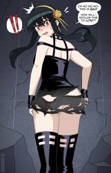 ! 1girl ^^^ absurdres ass bare_shoulders black_dress black_gloves black_hair blush boots burnt_clothes crack cracked_wall dress earrings failure fingerless_gloves flower flower_hairband flying_sweatdrops gloves gold_earrings gold_hairband hairband highres jewelry long_hair narrow_waist nico-neko open_mouth pale_skin red_eyes rose sidelocks solo spoken_exclamation_mark spy_x_family stone_wall surprised sweatdrop thigh_boots torn_clothes yellow_flower yellow_rose yor_briar
