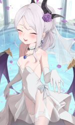 Rule 34 | 1girl, :d, absurdres, alternate costume, bare shoulders, blue archive, blush, breasts, choker, closed eyes, cowboy shot, demon girl, demon horns, demon wings, dress, earrings, elbow gloves, facing viewer, flower, gloves, hair flower, hair ornament, happy tears, highres, hina (blue archive), horns, jewelry, kareya (jixo95821699), leotard, long hair, looking at viewer, necklace, nose blush, open mouth, ring, see-through clothes, small breasts, smile, solo, standing, strapless, strapless dress, tears, wedding, wedding dress, wedding ring, white choker, wings
