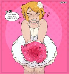 Rule 34 | 1boy, artist name, blonde hair, blush, border, bouquet, clenched teeth, closed eyes, commentary, dress, english commentary, english text, facing viewer, feet out of frame, flower, gats (nougats), hair ornament, hairclip, head tilt, heart, heart background, highres, leaning forward, medium hair, open mouth, pineapple (pizza thot), pink background, pizza thot, solo, speech bubble, straight-on, talking, teeth, thick arms, thick eyebrows, trap, twitter username, white dress
