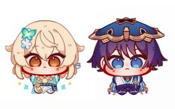 1boy 1girl :&lt; alphastroo alternate_costume aqua_dress aqua_sleeves belt black_belt black_bodysuit black_bow black_shorts blonde_hair blue_bag blue_eyes blue_flower blue_gemstone blue_hat blue_kimono blue_sash blunt_ends blush bodysuit bow brown_eyes butterfly_hair_ornament chibi closed_mouth commission dress feathers flower flower_necklace full_body furisode gem genshin_impact gold hair_between_eyes hair_flower hair_ornament hakama hakama_shorts hat highres japanese_clothes jewelry jingasa juban kimono looking_at_viewer lumine_(genshin_impact) lumine_(knight_of_flowers)_(genshin_impact) multicolored_flower necklace official_alternate_costume open_clothes open_kimono outstretched_arms pleated_shorts pom_pom_(clothes) pouch purple_hair purple_rope purple_sash rope sash scaramouche_(genshin_impact) short_hair short_hair_with_long_locks shorts sidelocks skirt standing straight-on tassel vision_(genshin_impact) wanderer_(genshin_impact) white_background white_flower white_kimono white_skirt wispy_bangs yellow_feathers