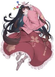 Rule 34 | 1girl, absurdres, arm up, bamboo print, blush, branch, brown hair, commentary, full body, hand on own chin, highres, hime cut, holding, holding branch, houraisan kaguya, japanese clothes, jeweled branch of hourai, kararage tsune, kimono, long hair, long sidelocks, long skirt, looking at viewer, no shoes, open mouth, pink shirt, red eyes, red skirt, shirt, sidelocks, simple background, skirt, sleeves past fingers, sleeves past wrists, socks, solo, tabi, touhou, very long hair, white background, white socks, wide sleeves