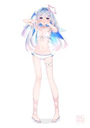 1girl :d absurdres alternate_costume alternate_hairstyle amane_kanata angel_wings bikini blue_hair blue_wings bow colored_inner_hair commentary_request crossed_bangs eme_(emeralda) feathered_wings flat_chest frilled_bikini frills full_body gradient_wings grey_hair hair_between_eyes hair_bow hair_ornament hairclip halo hands_up highres hololive long_hair looking_at_viewer mini_wings multi-strapped_bikini_top multicolored_hair multicolored_wings navel one_side_up open_mouth pink_hair purple_eyes sandals simple_background smile solo standing star_halo stomach streaked_hair swimsuit very_long_hair virtual_youtuber white_background white_bikini white_bow white_wings wings