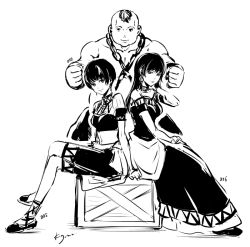 black_hair bolgan_(suikoden) crossed_legs dress earrings eilie_(suikoden) gensou_suikoden gensou_suikoden_ii greyscale jewelry kazunoco long_dress long_hair monochrome rina_(suikoden) short_hair sitting topless_male
