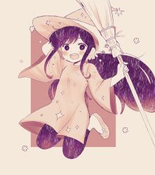 1girl :d aged_down arm_behind_head aubrey_(faraway)_(omori) aubrey_(omori) blush border bright_pupils broom brown_background commentary dot_nose dress fingernails flower full_body halloween_costume hat hat_ornament holding holding_broom jumping leggings long_hair long_sleeves looking_at_viewer low_twintails number-only_commentary official_alternate_costume official_alternate_hairstyle omori open_mouth outside_border pokoponpen sepia shoes sidelocks simple_background smile solo sparkle sparkle_print star_(symbol) star_hat_ornament swept_bangs symbol-only_commentary teeth twintails upper_teeth_only very_long_hair wide_sleeves witch_hat yellow_border