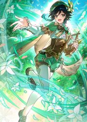 1boy :d aqua_hair beret black_hair black_shoes braid cape commentary_request day flower genshin_impact gradient_hair green_eyes green_hat green_shorts hat hat_flower highres holding holding_instrument holding_lyre instrument leg_up loafers long_hair long_sleeves looking_at_viewer lyre male_focus multicolored_hair open_mouth outdoors pantyhose shoes shorts smile solo tsugutoku twin_braids venti_(genshin_impact) white_flower white_pantyhose