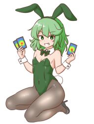Rule 34 | 1girl, :d, alternate costume, animal ear hairband, animal ears, bare shoulders, black shoes, blush, bow, bowtie, breasts, bright pupils, brown pantyhose, card, cleavage, commentary request, covered navel, detached collar, dot nose, fake animal ears, fake tail, full body, green bow, green bowtie, green eyes, green hair, grin, hairband, holding, holding card, kneeling, leotard, looking at viewer, medium hair, mizusoba, open mouth, pantyhose, playboy bunny, rabbit ear hairband, rabbit ears, shoes, simple background, small breasts, smile, solo, split mouth, tail, touhou, traditional bowtie, white background, white pupils, wrist cuffs, yamashiro takane