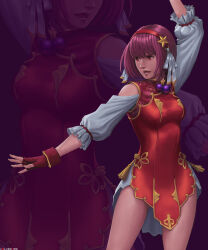 1girl arm_up asamiya_athena breasts dress earrings female_focus gloves hairband jewelry large_breasts pale_skin purple_hair red_eyes short_hair silver_tes silvertes skirt standing star_(symbol) the_king_of_fighters thighs wide_hips