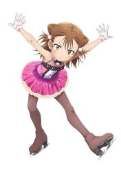 brown_hair child cone_hair_bun figure_skating_dress gloves hair_bun ice_skates medalist_(manga) miketa_ryouka non-web_source pantyhose skates skirt yellow_eyes