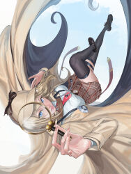 1girl absurdres black_shoes black_thighhighs blonde_hair blue_eyes breasts coat highres holding holding_magnifying_glass hololive hololive_english long_hair looking_at_viewer magnifying_glass massiveyog necktie parted_lips red_necktie shoes skirt solo thighhighs upside-down very_long_hair virtual_youtuber watson_amelia