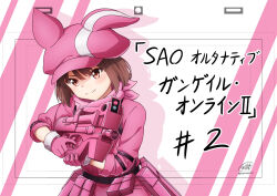 brown_eyes brown_hair bullpup commentary_request cowboy_shot gun hat highres holding holding_gun holding_weapon jacket ken-ji llenn_(sao) p-chan_(p90) p90 pants personal_defense_weapon pink_hat pink_jacket pink_pants release_celebration short_hair smile submachine_gun sword_art_online sword_art_online_alternative:_gun_gale_online translation_request weapon