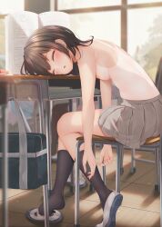 1girl :o bag black_socks blue_bag blush book breasts brown_hair chair classroom closed_eyes commentary_request day desk facing_to_the_side facing_viewer grey_shoes grey_skirt head_rest highres indoors medium_breasts minato_ojitan multicolored_shoes nipples on_chair open_book original pleated_skirt school_bag school_chair school_desk school_uniform shadow shoes single_shoe skirt sleeping sleeping_on_desk sleeping_upright socks solo tan tanline tile_floor tiles topless_female two-tone_shoes unworn_bag uwabaki window