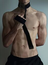 1boy abs absurdres arm_behind_back arm_up belt belt_buckle black_belt black_pants buckle commentary_request cowboy_shot groin head_out_of_frame highres holding holding_belt korean_commentary male_focus navel nipples original pants pectorals realistic solmuk0 solo toned toned_male topless_male veins veiny_arms