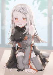 1girl asymmetrical_clothes asymmetrical_sleeves blush breath colored_eyelashes contrast_(idolmaster) flipped_hair gakuen_idolmaster grey_hair grey_shorts grey_thighhighs highres idolmaster indoors kirima_(zs_at_) kneeling long_hair looking_at_viewer mismatched_sleeves official_alternate_costume orange_eyes shinosawa_hiro shorts solo swept_bangs thighhighs very_long_hair