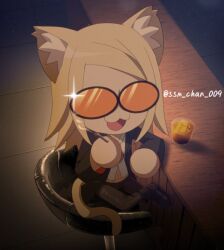 1boy :3 animal_ears bar_(place) bar_stool black_jacket blonde_hair cat_boy cat_ears cat_tail chibi chibi_only cigarette cup fate/grand_order fate_(series) holding holding_cigarette jacket kemonomimi_mode long_hair male_focus open_clothes open_jacket open_mouth orange-tinted_eyewear pants shirt sitting smile solo ssm_chan_009 stool sunglasses tail tezcatlipoca_(fate) tinted_eyewear white_shirt