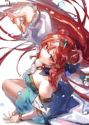 Rule 34 | 1girl, absurdres, arm up, asymmetrical sleeves, bare shoulders, blue dress, bracelet, braid, breasts, commentary request, detached collar, double bun, dress, from above, hair bun, highres, jewelry, kurumiyuu16, large breasts, long hair, looking at viewer, making-of, on ground, original, parted lips, pointing, pointing at viewer, puffy sleeves, red eyes, red hair, side braids, simple background, solo, very long hair, water drop, white background