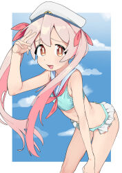 1girl :d absurdres aqua_bikini araimelon bare_arms bare_shoulders bikini breasts brown_eyes commentary cowboy_shot frilled_bikini frills hair_ribbon hand_on_own_knee hand_up hat highres leaning_forward long_hair neckerchief official_alternate_costume onii-chan_wa_oshimai! open_mouth oyama_mahiro paid_reward_available pink_hair red_neckerchief red_ribbon ribbon sailor_collar salute simple_background small_breasts smile solo swimsuit twintails very_long_hair white_hat score:3 rating:sensitive Rule 34 | 1girl, :d, absurdres, aqua bikini, araimelon, bare arms, bare shoulders, bikini, breasts, brown eyes, commentary, cowboy shot, frilled bikini, frills, hair ribbon, hand on own knee, hand up, hat, highres, leaning forward, long hair, neckerchief, official alternate costume, onii-chan wa oshimai!, open mouth, oyama mahiro, paid reward available, pink hair, red neckerchief, red ribbon, ribbon, sailor collar, salute, simple background, small breasts, smile, solo, swimsuit, twintails, very long hair, white hat